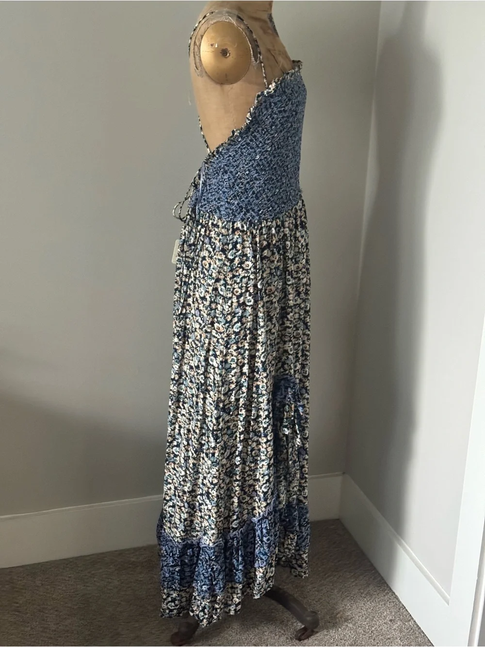 NWT Free People One I Love Floral Smocked Maxi Dress Denim, size Medium